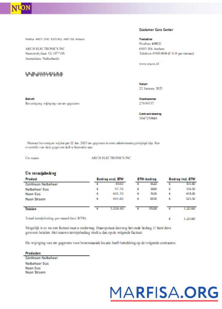Printable NUON gas utility business bill SCR download for verification